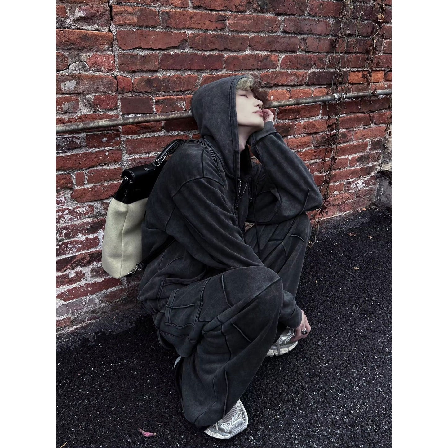 Niche Heavy Industry Washed Distressed Hooded Zipper Sweatshirt Casual Pants
