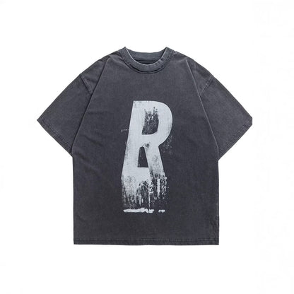 Washed vintage letter printed short sleeved T-shirt
