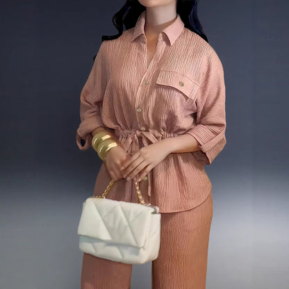 Fashionable Lapel Collar Long-Sleeve Shirt And Pants Set For Women