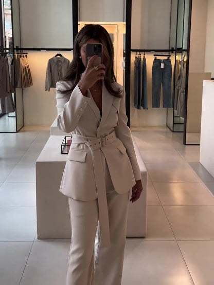Elegant Solid Color Belted Blazer & High Waist Pants Set