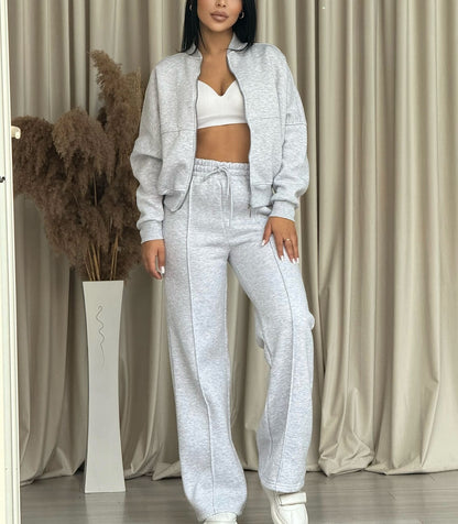 Fashion Casual Solid Color Long-sleeved Sweater Zipper Trousers Two-piece Set