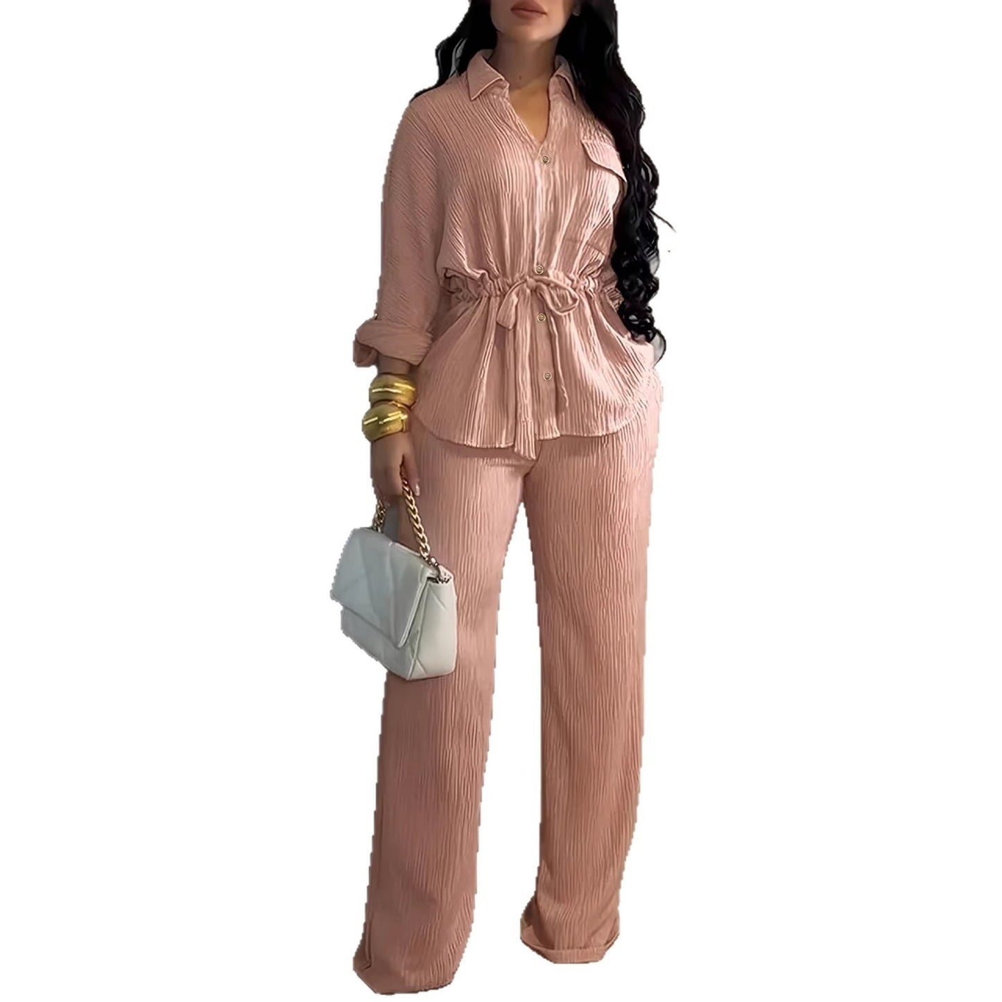 Fashionable Lapel Collar Long-Sleeve Shirt And Pants Set For Women