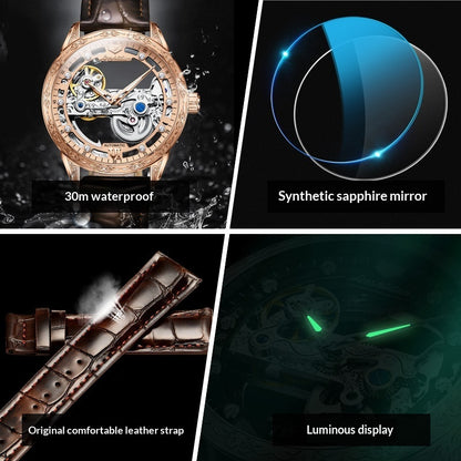 Openwork Mechanical Watch With Waterproof Leather Strap For Men