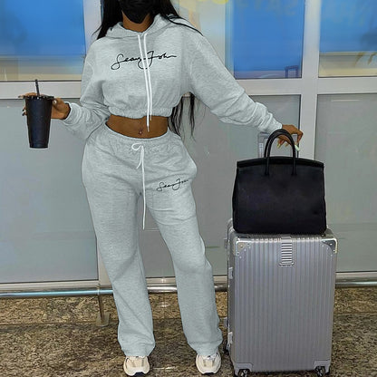 Letter Print Hooded Sweatshirt And Pants For Women