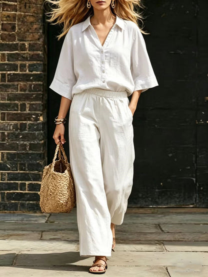 Womens Short-Sleeve Shirt And Loose Pants Two-Piece Set