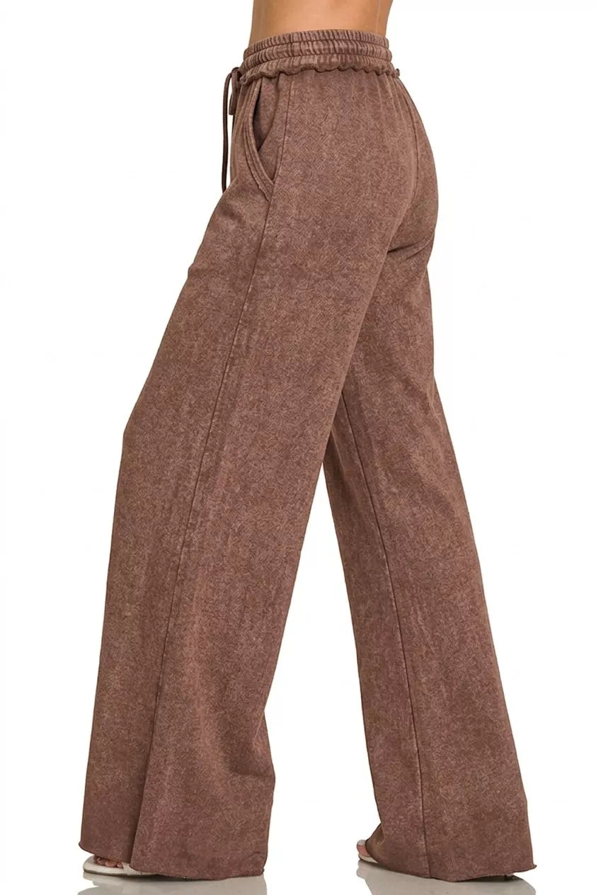 Zenana Acid Wash Wide Leg Sweatpants with Pockets