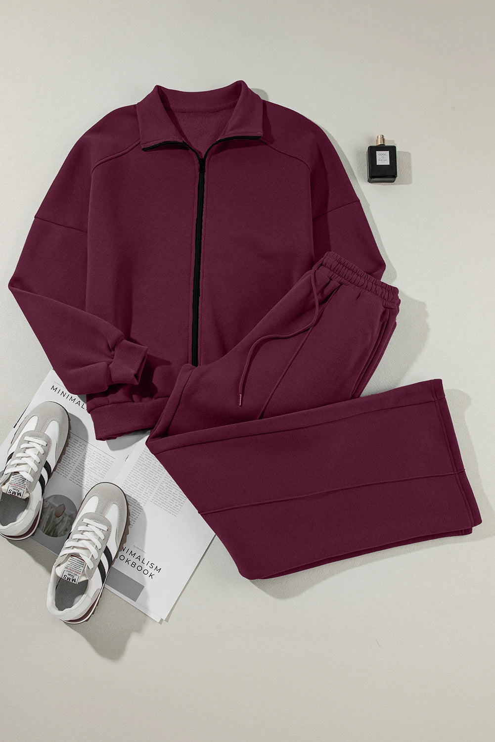 Burgundy Drop Shoulder Zip Up Jacket & Drawstring Wide-Leg Pants Active 2pcs Set