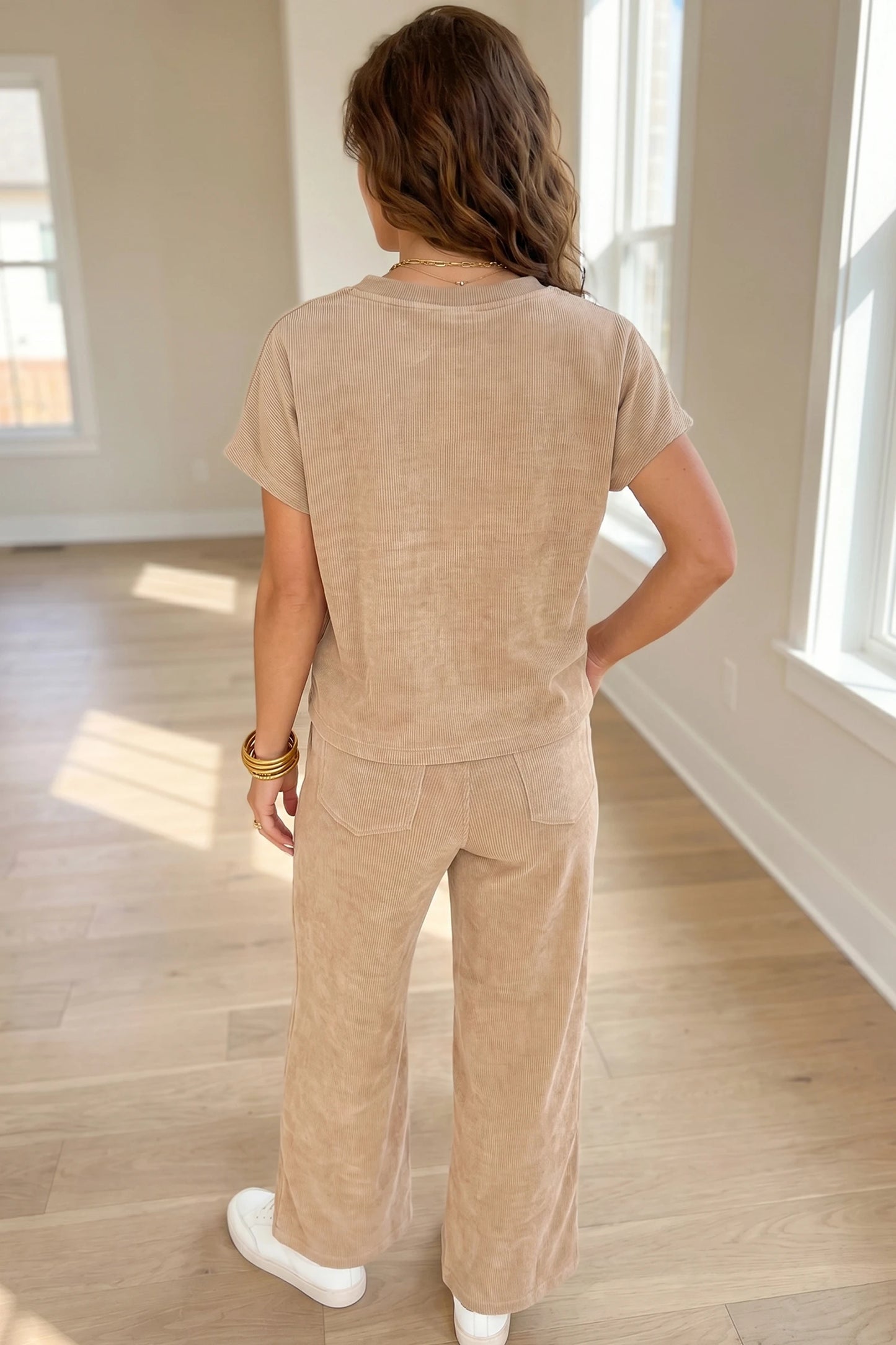 Beige Ribbed Short Sleeve Top & Wide-Leg Pants 2pcs Set
