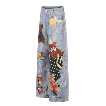 Teddy Bear Cartoon Hot Stamping Straight Leg Denim Pants