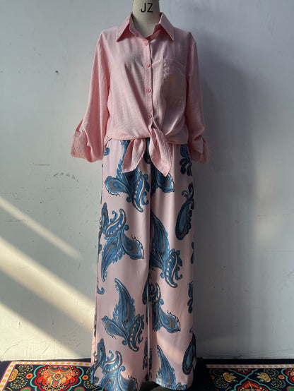 Summer New Cardigan Shirt High Waist Loose Trousers Two-piece Suit