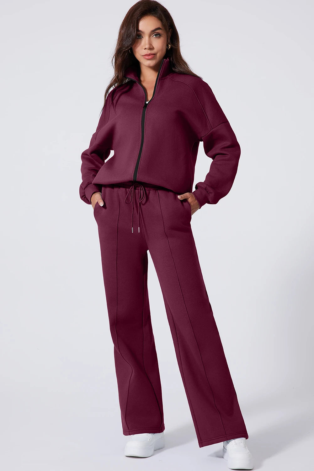 Burgundy Drop Shoulder Zip Up Jacket & Drawstring Wide-Leg Pants Active 2pcs Set