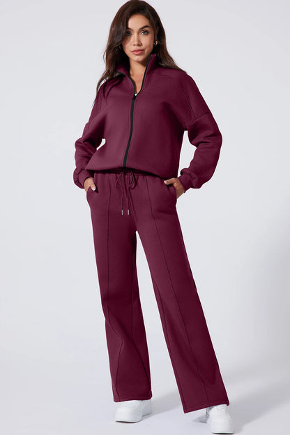 Burgundy Drop Shoulder Zip Up Jacket & Drawstring Wide-Leg Pants Active 2pcs Set