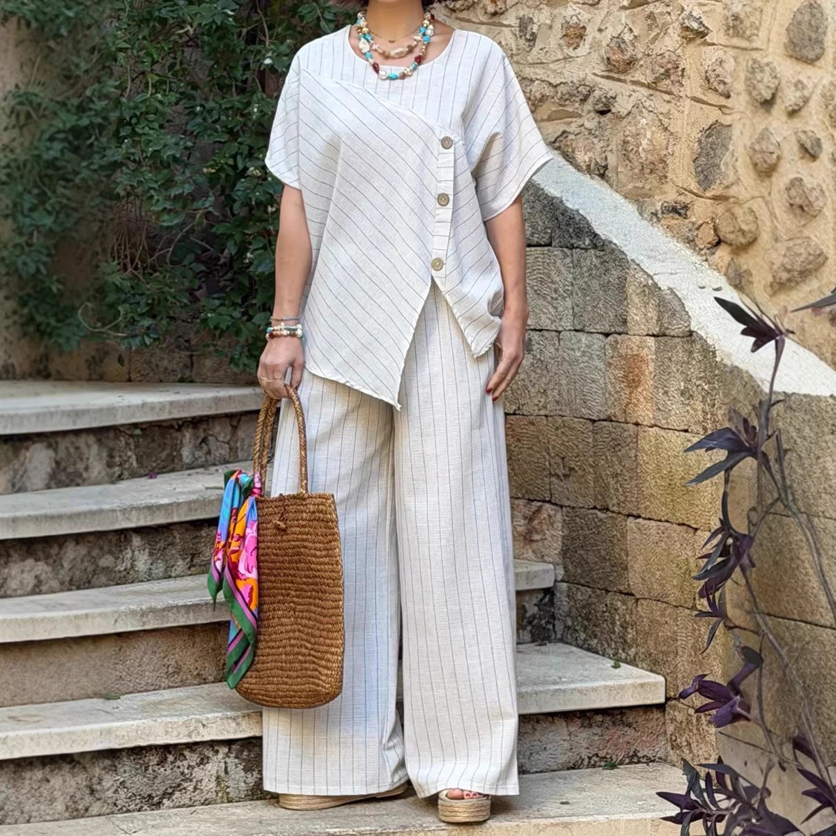 Striped Short-sleeve Shirt And Loose-fitting Pants Two-piece Set
