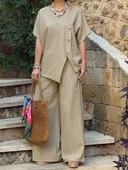 Striped Short-sleeve Shirt And Loose-fitting Pants Two-piece Set