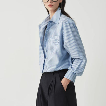 Cotton Yarn-dyed Blue-striped Long-sleeve Shirt