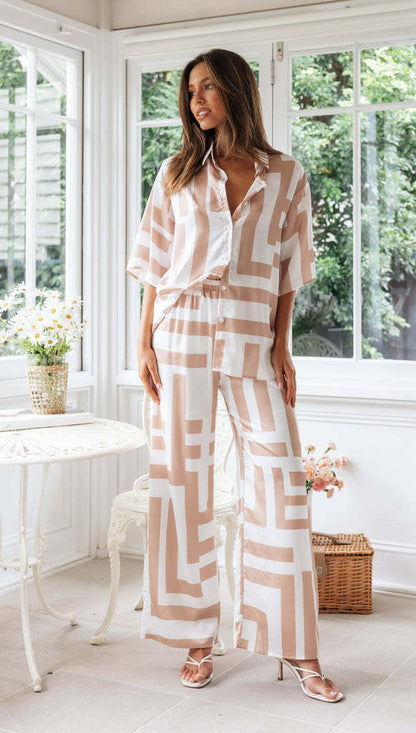 Women's Printing Lapel Short-sleeved Shirt Wide-leg Trousers Suit