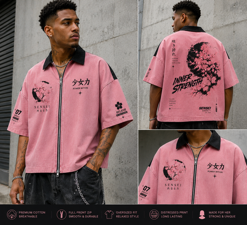 Sensei Inner Strength Acid Wash Oversized Zip Shirt – Japanese Streetwear Vintage Washed Tee