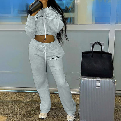 Letter Print Hooded Sweatshirt And Pants For Women