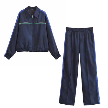 New Women's Striped Long-sleeved Zipper Jacket Casual Elastic Waist Trousers Suit