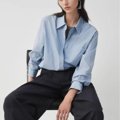 Cotton Yarn-dyed Blue-striped Long-sleeve Shirt