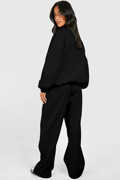 Black Half Zip Sweatshirt & Wide-Leg Pants 2pcs Set