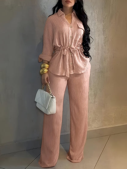 Fashionable Lapel Collar Long-Sleeve Shirt And Pants Set For Women
