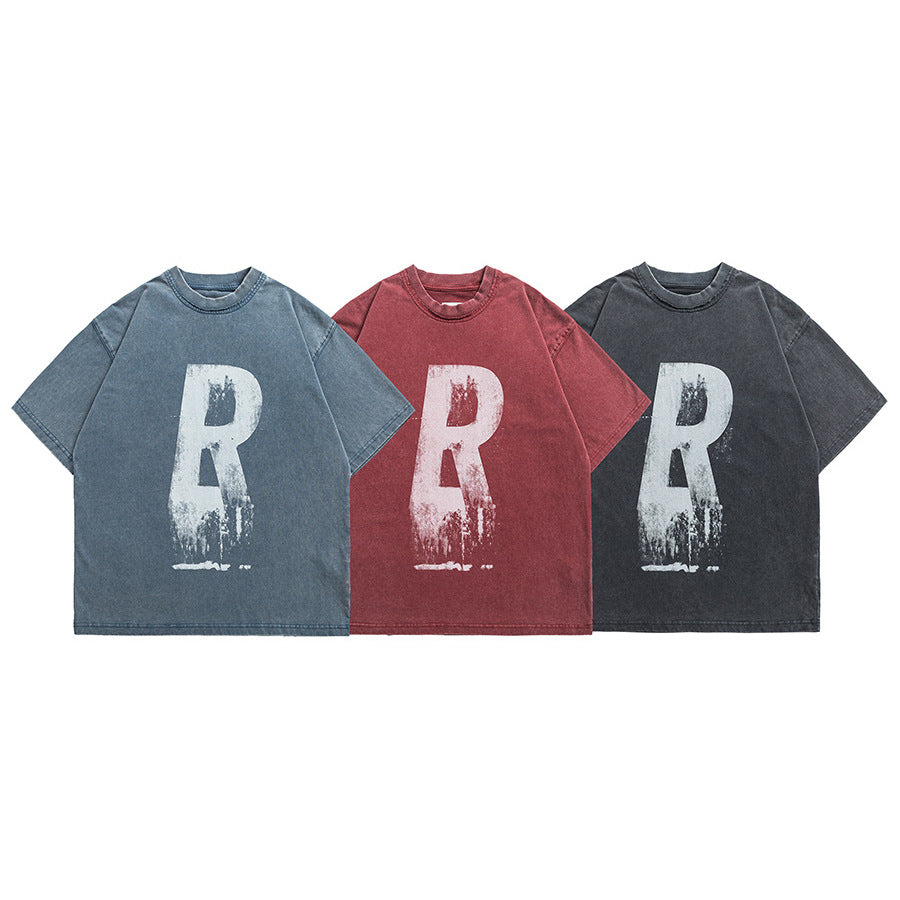 Washed vintage letter printed short sleeved T-shirt