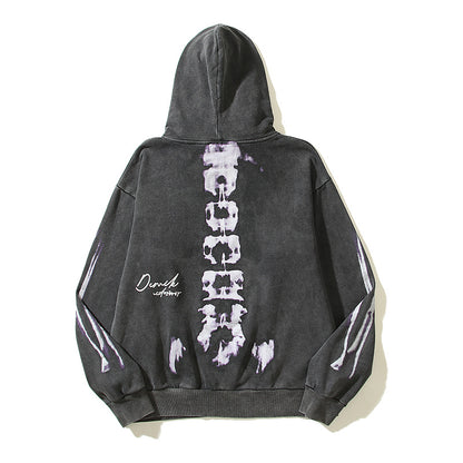 Washed-out Vintage Distressed Skull Bone Hooded Sweater