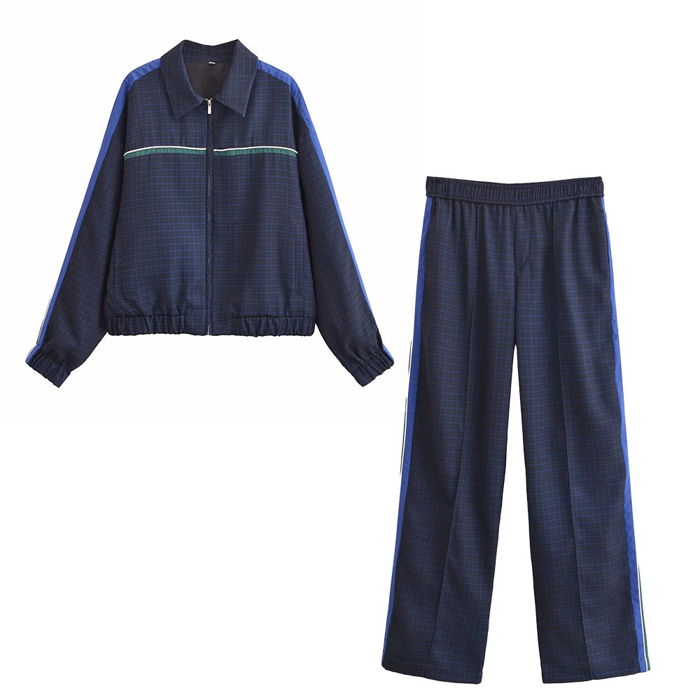 New Women's Striped Long-sleeved Zipper Jacket Casual Elastic Waist Trousers Suit