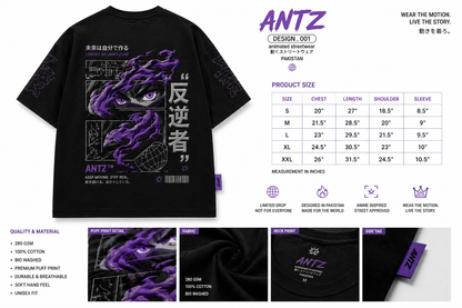 Puff Print Tee – Anime Streetwear Oversized T-Shirt (Black/Purple)