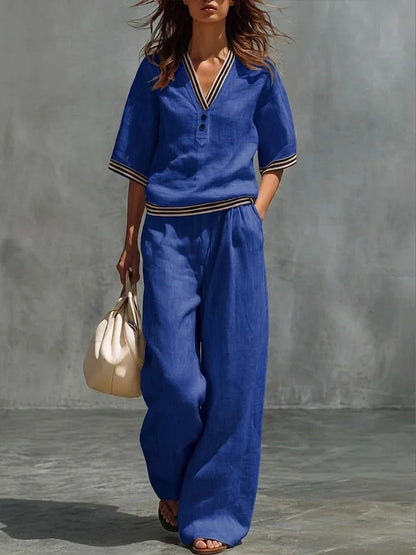 Cotton-Linen V-Neck Casual Comfortable Short-Sleeve Shirt And Pants Set