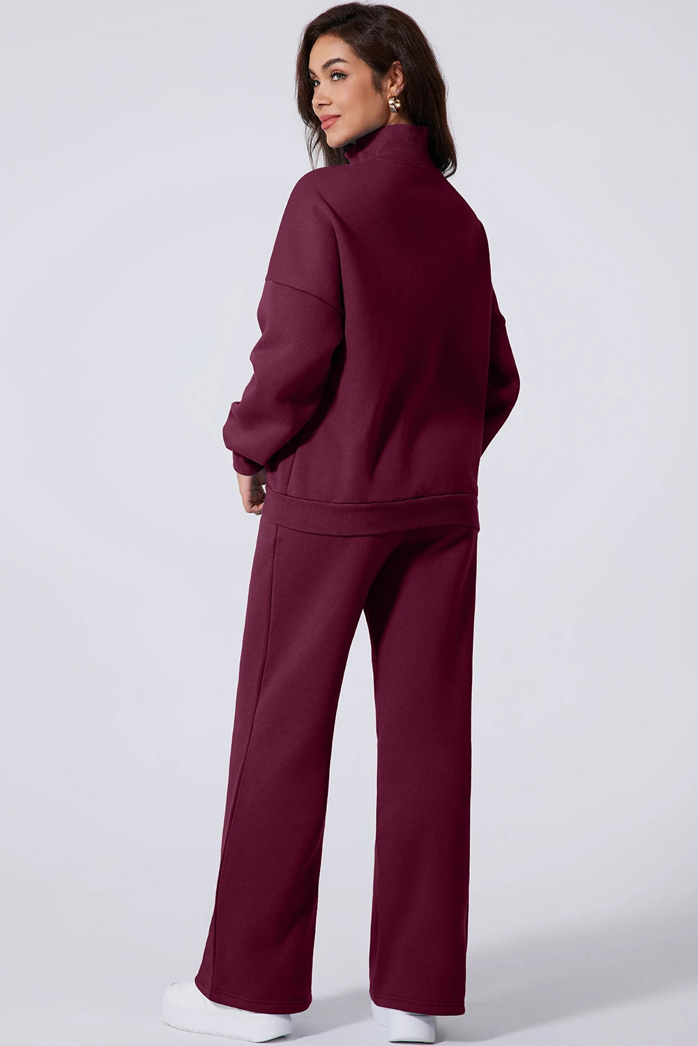 Burgundy Drop Shoulder Zip Up Jacket & Drawstring Wide-Leg Pants Active 2pcs Set