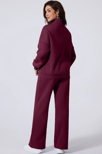 Burgundy Drop Shoulder Zip Up Jacket & Drawstring Wide-Leg Pants Active 2pcs Set