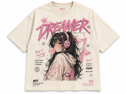 Dreamer Puff Print Tee – Anime Streetwear Oversized T-Shirt (Off-White/Pink)