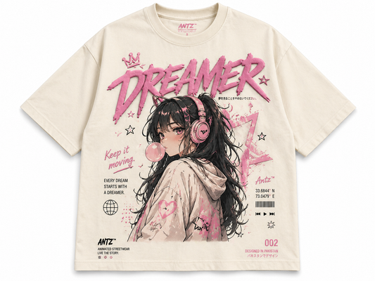 Dreamer Puff Print Tee – Anime Streetwear Oversized T-Shirt (Off-White/Pink)