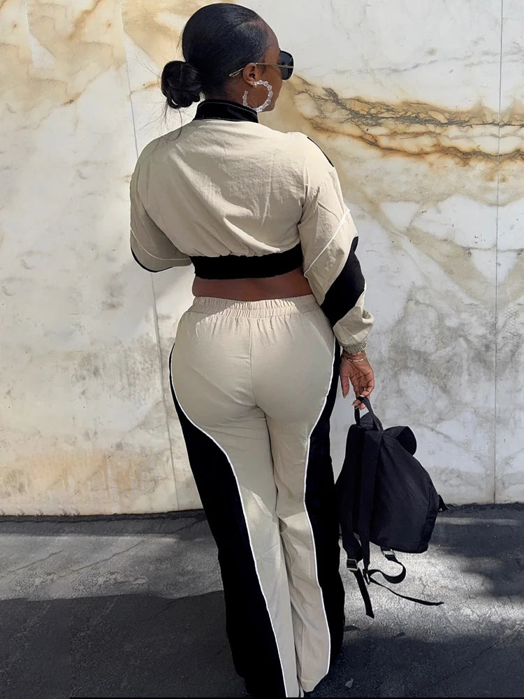 Fashion Women Windbreaker Set Color Block Long Sleeve Zipper Tops and Sweatpants 2025 Fall 2 Piece Sets Streetwear Outfits New
