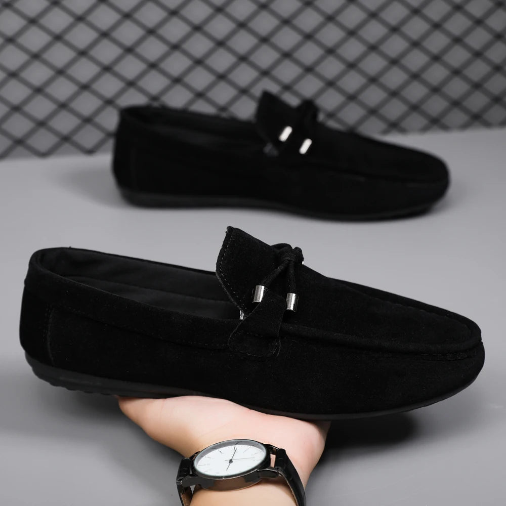 2026 Summer Casual Fashion Driving Loafers Suede Leather Minimalist Slip-Ons Comfortable Trendy Work Shoes Black & Khaki Two-Ton
