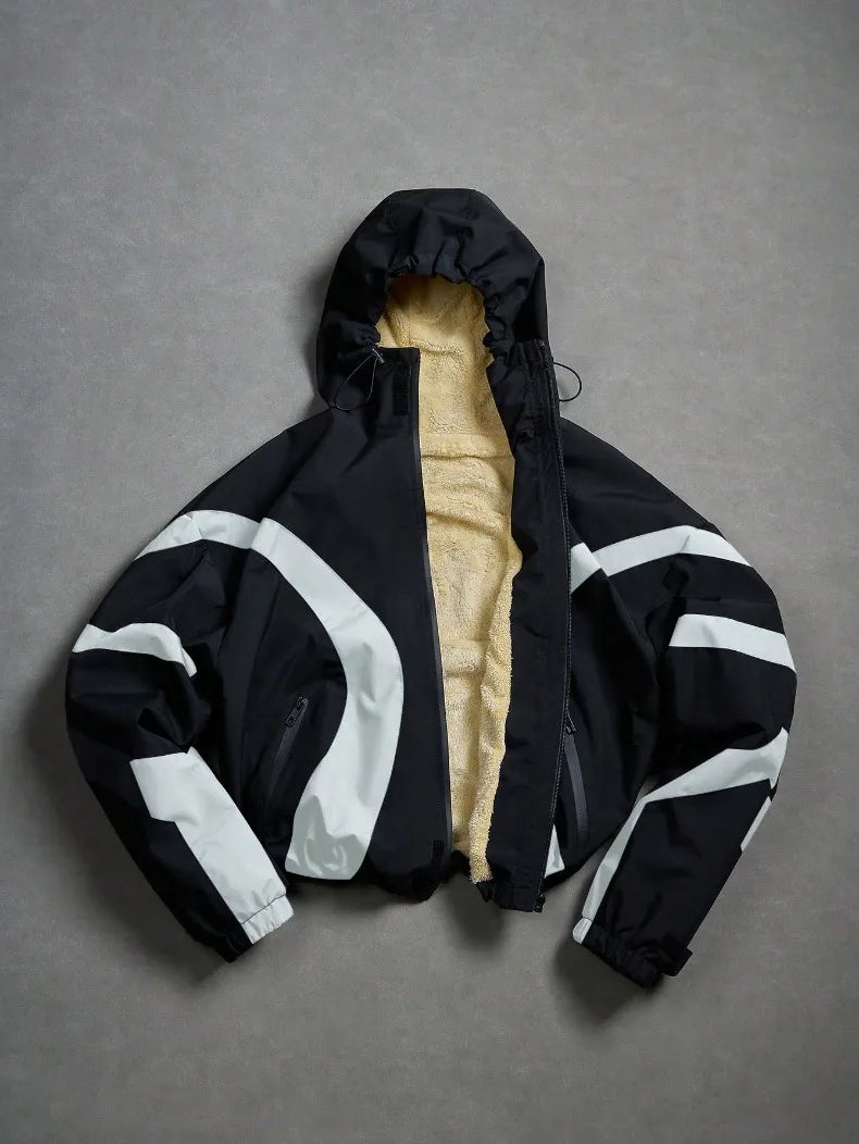 American Style Winter Short Jackets Men Fleece Lined Warm Hooded Coat Man Hip Hop Streetwear Loose Fit Outdoor Windbreaker