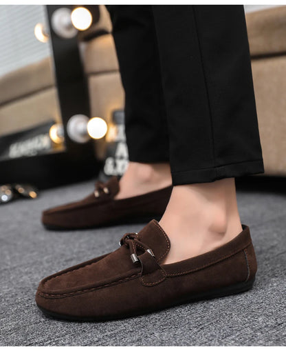 2026 Summer Casual Fashion Driving Loafers Suede Leather Minimalist Slip-Ons Comfortable Trendy Work Shoes Black & Khaki Two-Ton