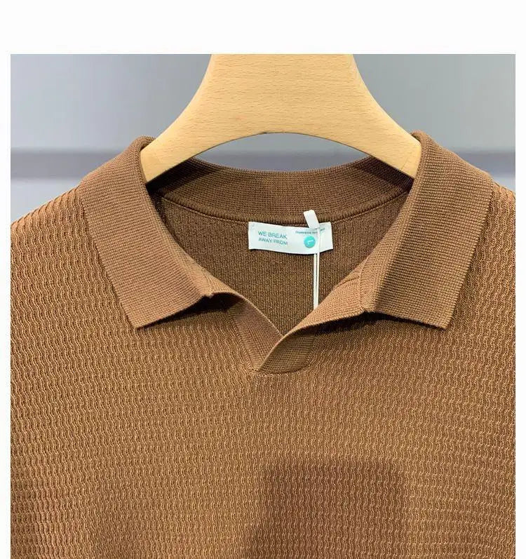 Ice Silk Slim Fit Short Sleeve V-Neck Polo Shirt Men's Knitted Summer New Style Breathable Machine Washable Casual T-Shirt