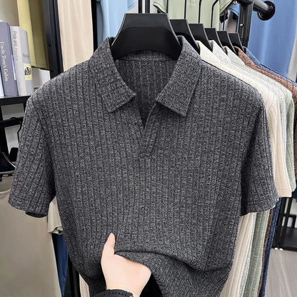 Men's Breathable Knitted Polo Tee Short Sleeve V Neck Striped Fabric Lightweight Casual Business Daily Wear