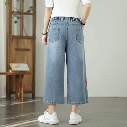 Artistic retro Heavy industry Embroidered Denim Wide leg Pants Spring Summer 2025 New Women's Loose waist Casual Nine Fen Jeans