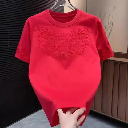 Black Men's T-Shirt with Embroidered Chinese Traditional Pattern Round Neck Short Sleeve Casual Tee for Daily Wear Summer