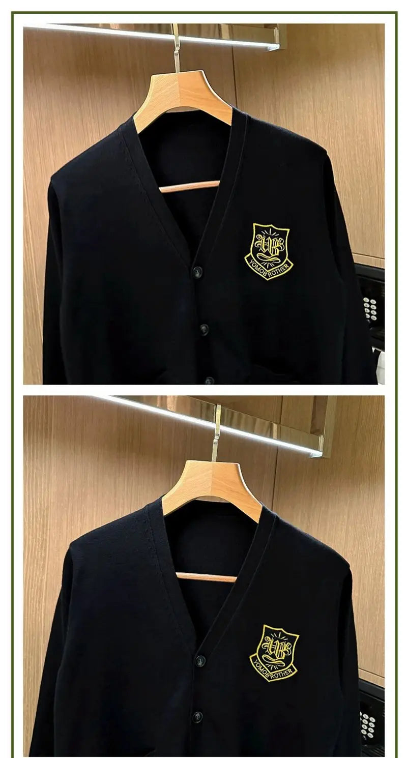 Autumn Long Sleeve Knitted Men Cardigans Embroidered V-neck Buttun Closure Sweaters Chic Casual Outwear