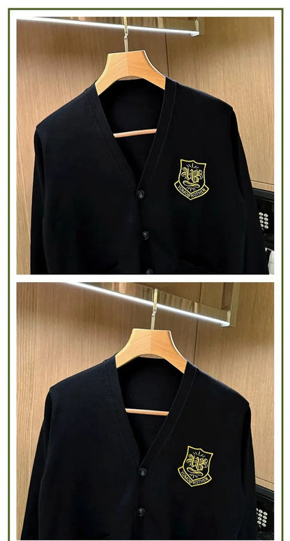 Autumn Long Sleeve Knitted Men Cardigans Embroidered V-neck Buttun Closure Sweaters Chic Casual Outwear
