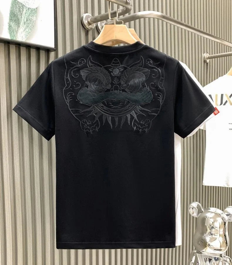 Male Tees Shirts Skinny Embroidery Lion New In Party Y2k Original Tops Hot Basic Korean Popular Clothes Cool Cheap Men's T-shirt