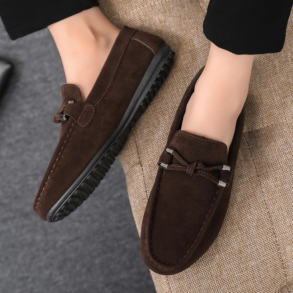 2026 Summer Casual Fashion Driving Loafers Suede Leather Minimalist Slip-Ons Comfortable Trendy Work Shoes Black & Khaki Two-Ton