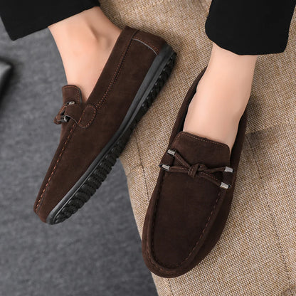 2026 Summer Casual Fashion Driving Loafers Suede Leather Minimalist Slip-Ons Comfortable Trendy Work Shoes Black & Khaki Two-Ton
