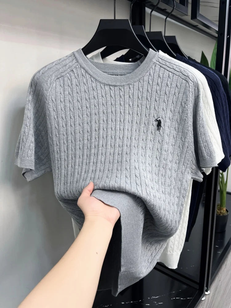 Advanced Ice Silk Knitted Short Sleeve Men Summer Trendy Luxury Brand Golf Pony Embroidery Casual Round Neck Breathable T-shirt