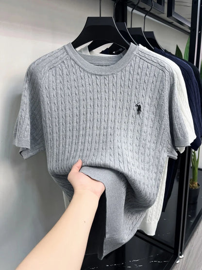 Advanced Ice Silk Knitted Short Sleeve Men Summer Trendy Luxury Brand Golf Pony Embroidery Casual Round Neck Breathable T-shirt